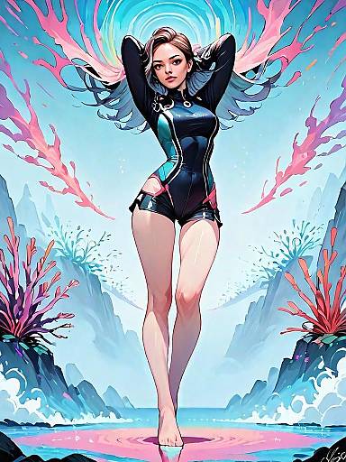 Digital Fantasy Artwork of Woman in Futuristic Bodysuit with Underwater Elements
