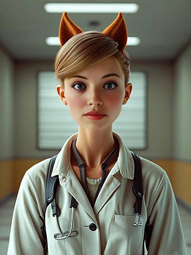 Realistic Digital Portrait of Woman Doctor with Fox Ears in Hospital
