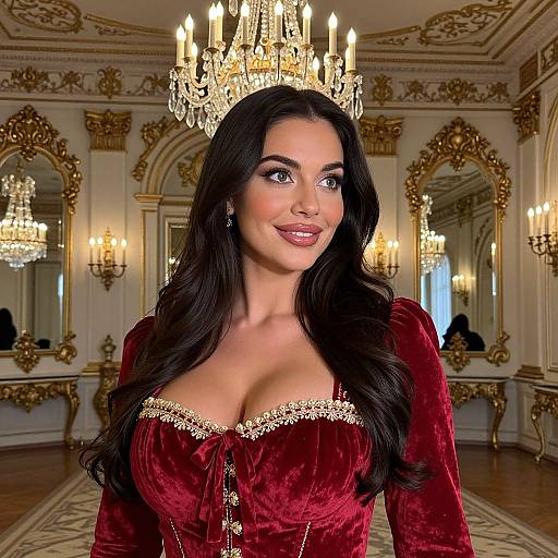 Elegant Woman in Red Velvet Gown in Luxurious Gold Decor Room
