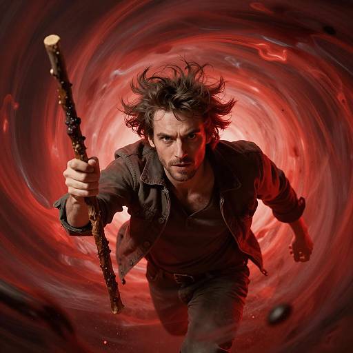 Dynamic Man with Wooden Staff in Red Magical Vortex Fantasy Concept