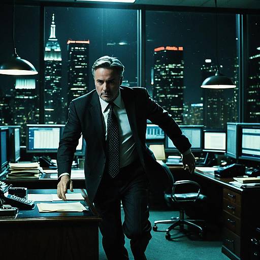 Focused Businessman in Modern Office with City Night View