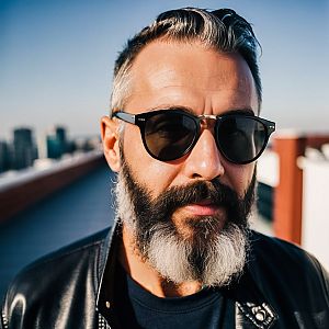 Confident Man in Leather Jacket with Urban Background