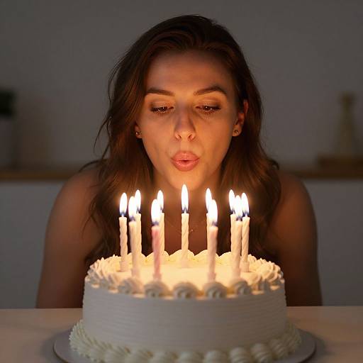 Young Woman Blowing Out Candles on Birthday Cake