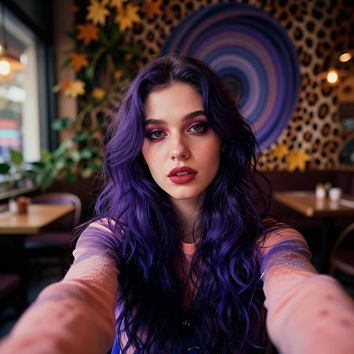 Young Woman with Purple Hair Taking Selfie in Trendy Cafe Interior