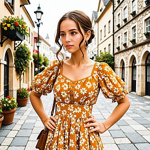 Young Woman in Mustard Dress on Cobblestone Street