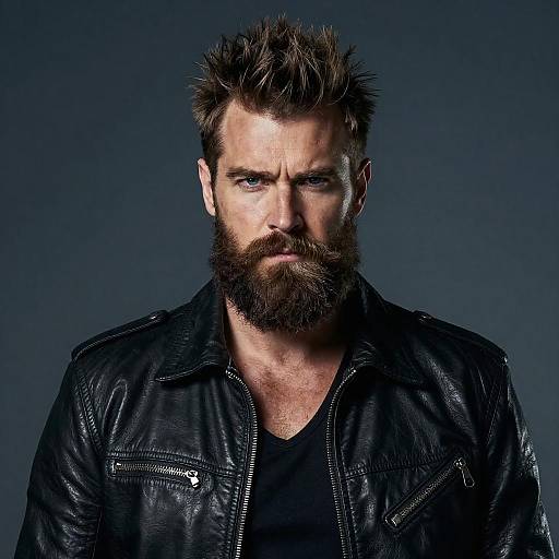 Intense Bearded Man in Black Leather Jacket Portrait Gen Z Style