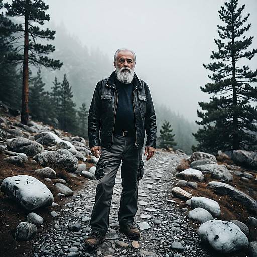 Bearded Older Man in Leather Jacket Hiking Misty Forest Trail