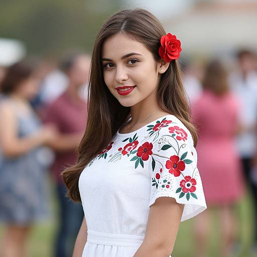Young Woman in White Floral Embroidered Dress with Red Flower Accessory