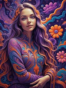 Woman with Purple Hair and Orange Flowers in Psychedelic Background