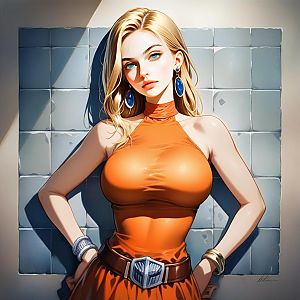 Confident Blonde Woman in Orange Top
