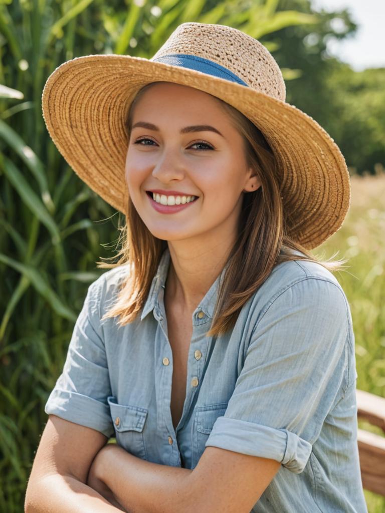 Cheerful woman in sunhat enjoying a sunny day