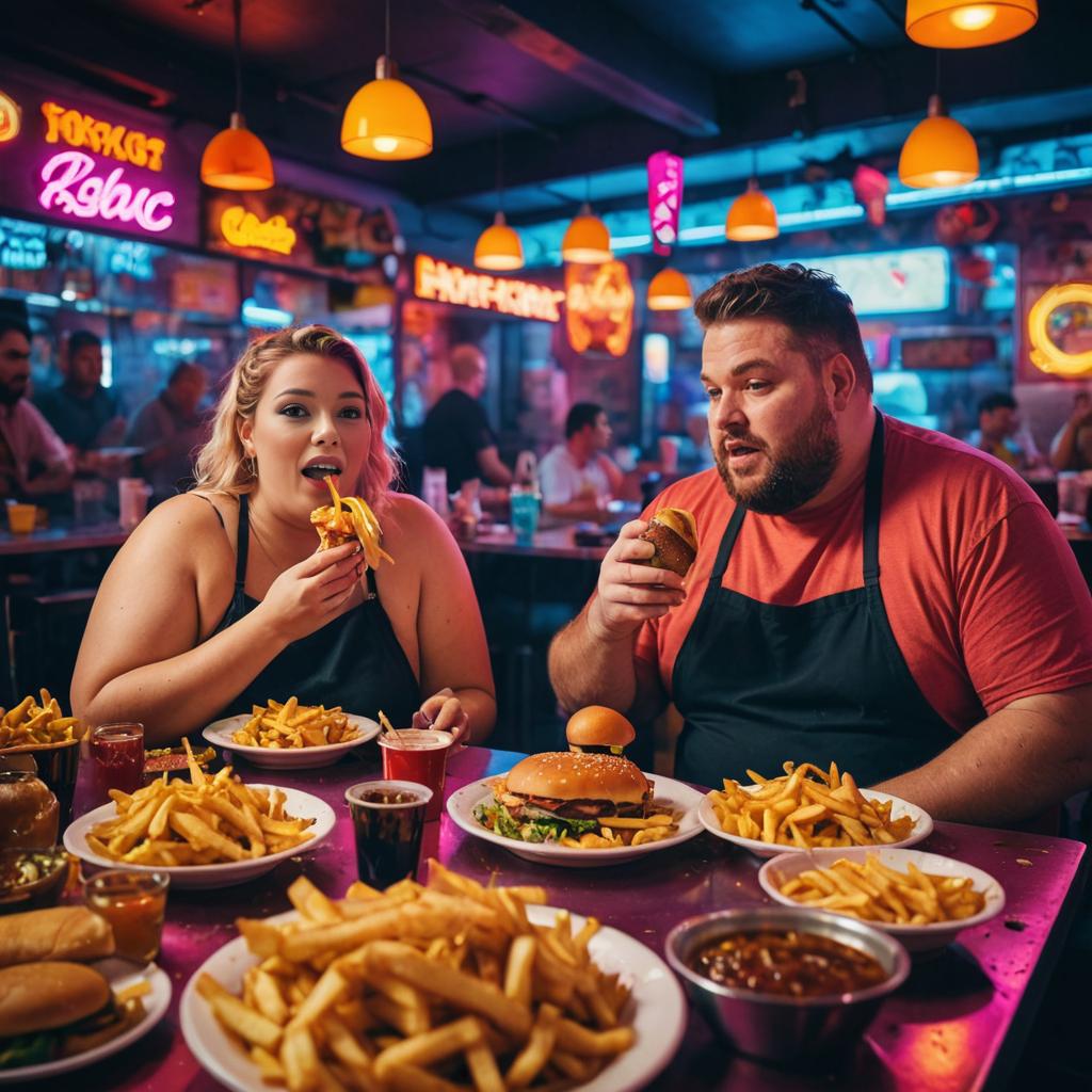 Overweight couple enjoying fast food in a neon-lit restaurant