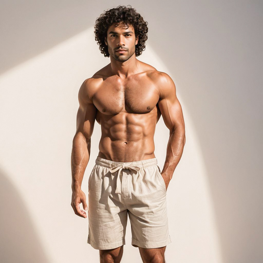 Muscular Man with Abs in Beige Shorts Muscular Man with Abs in Beige Shorts