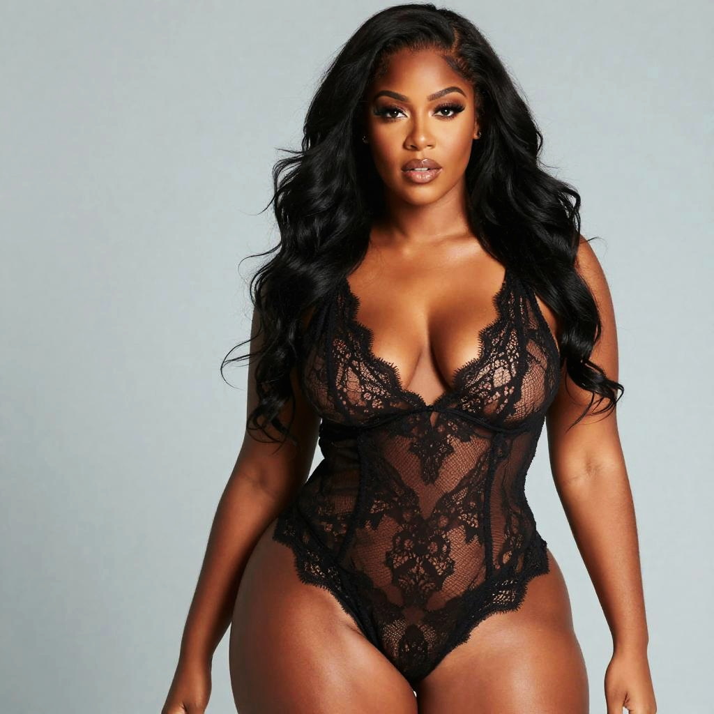 Confident Woman in Black Lace Lingerie Bodysuit