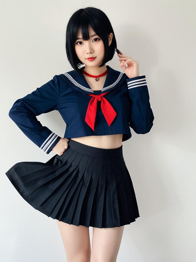 Young Woman in Modern Japanese School Uniform with Cropped Sailor Top and Pleated Skirt