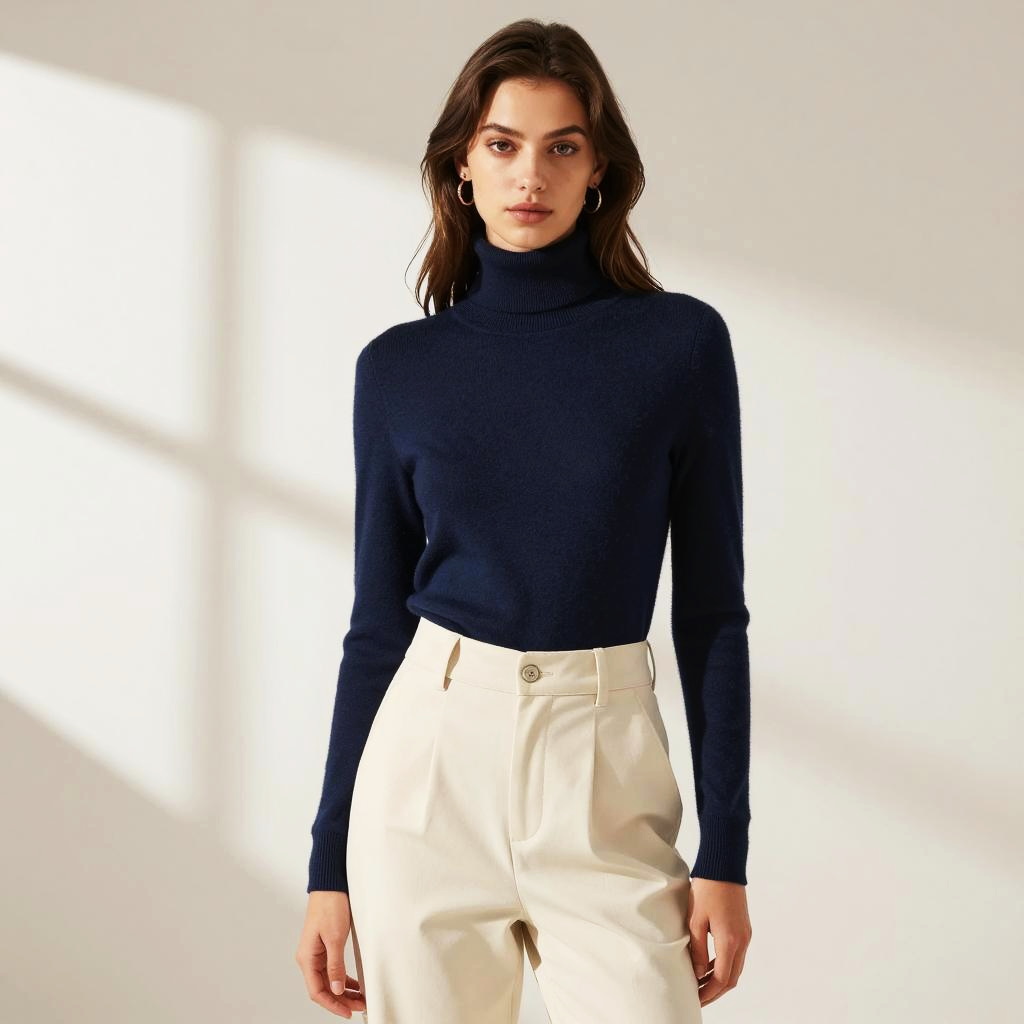 Woman in Navy Turtleneck Sweater with Cream High-Waisted Trousers