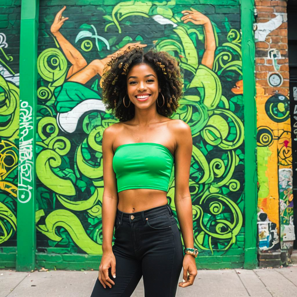 Confident Woman in Green Crop Top by Graffiti Mural