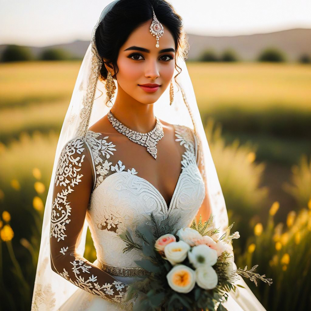Stunning Bride in Lace Wedding Dress at Golden Hour