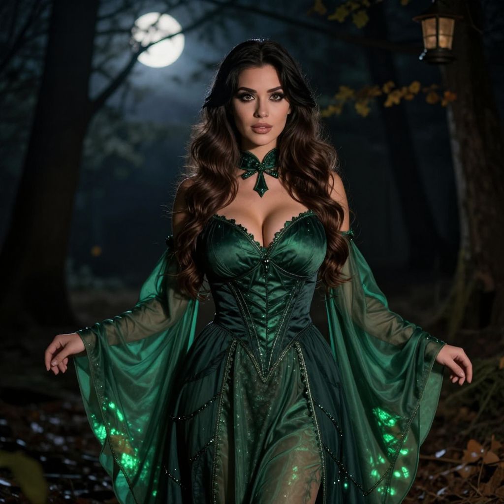 Woman in Elegant Emerald Green Medieval Gown in Moonlit Forest