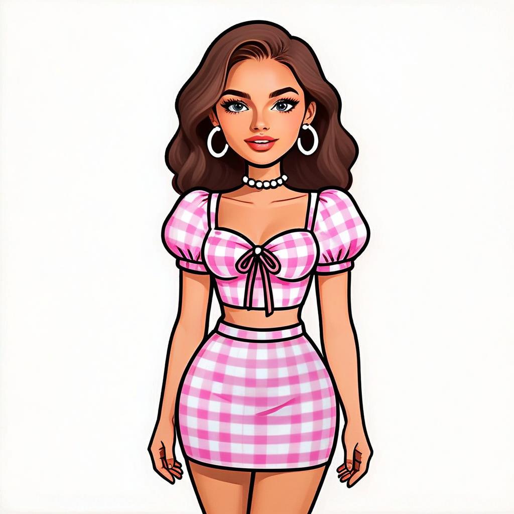 Retro-Inspired Woman Wearing Pink Gingham Crop Top and Skirt Digital Illustration