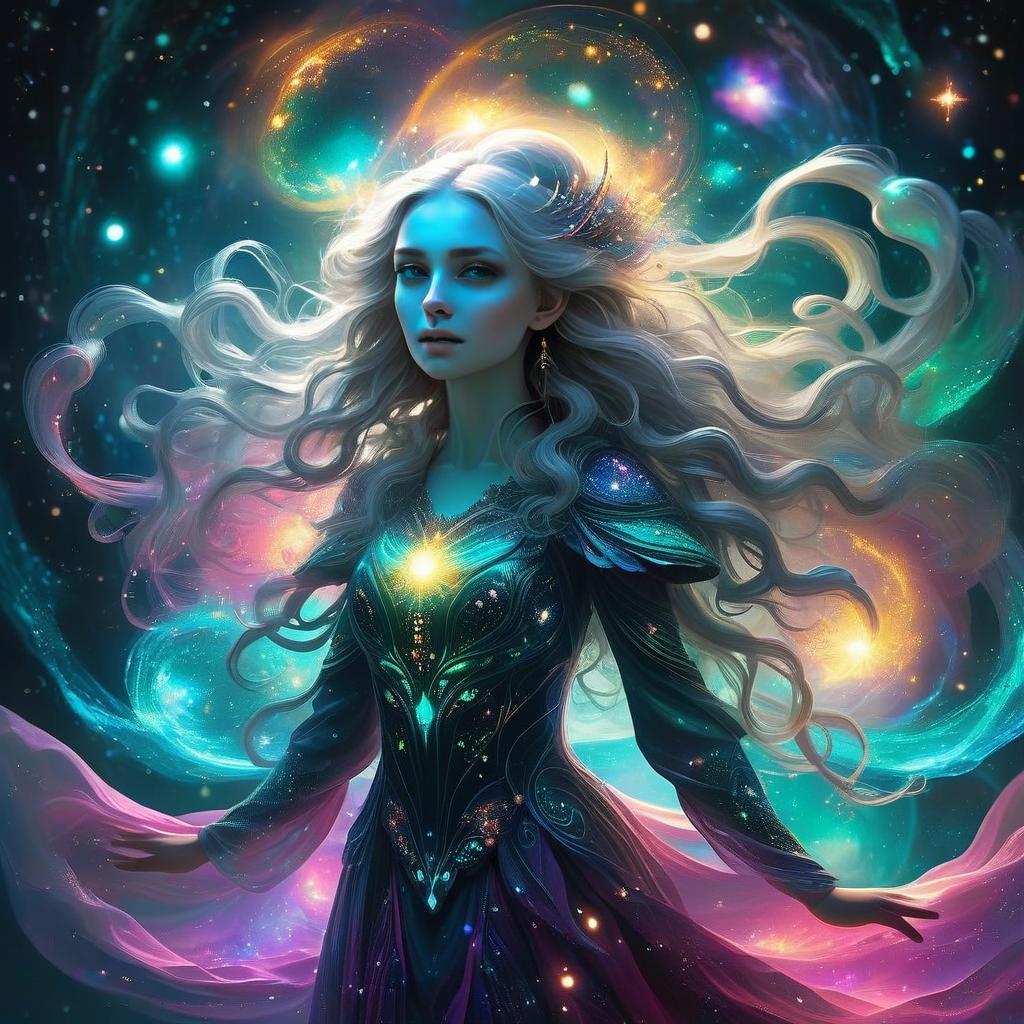 Mystical Woman with Silver Hair in Cosmic Aura