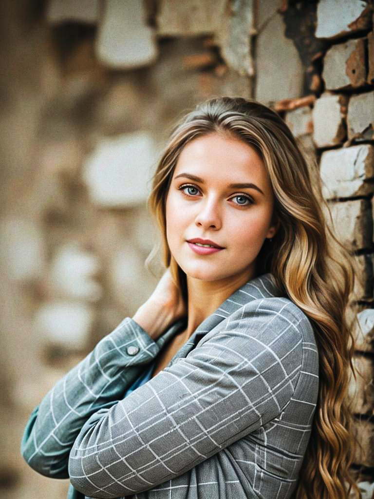 Young Woman with Blonde Hair by Brick Wall