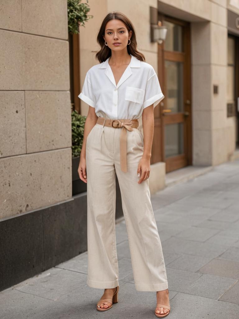 Stylish woman in chic white shirt and beige trousers