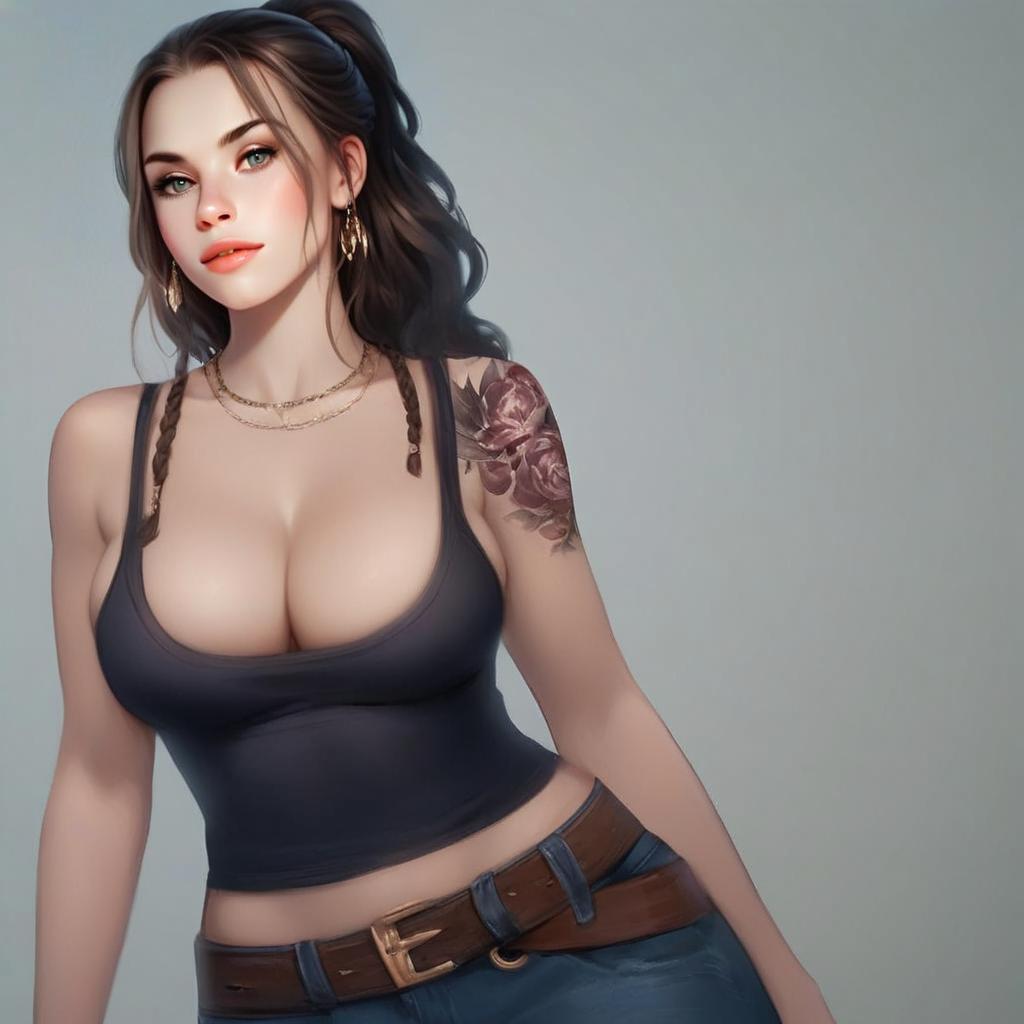 Digital Portrait of Woman in Black Tank Top with Floral Tattoo