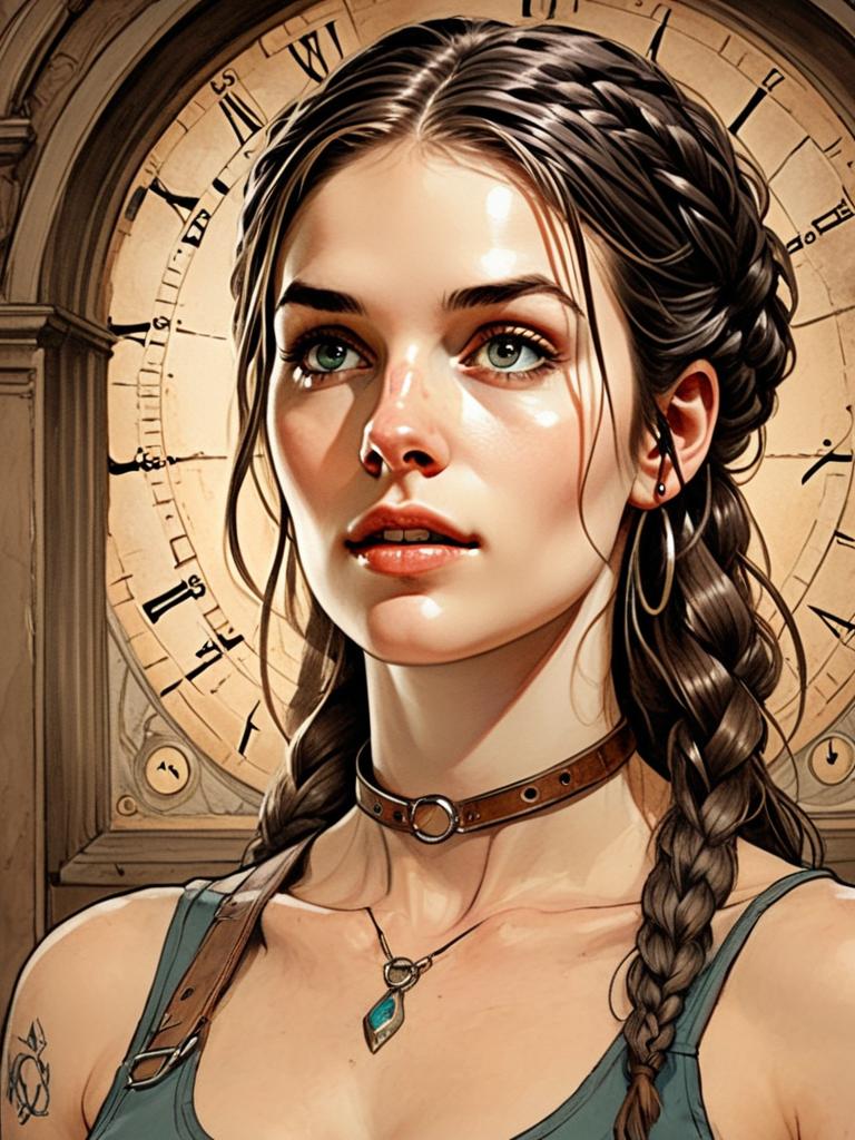 Realistic Digital Portrait of Woman with Braids and Steampunk Clock Background