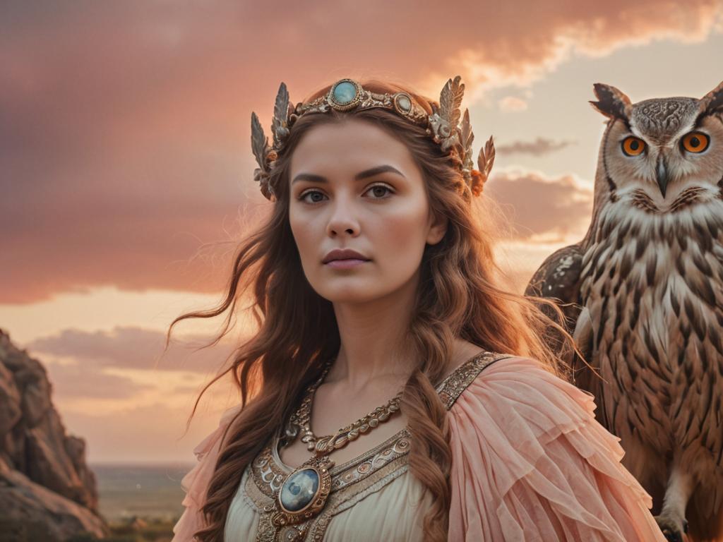 Regal Woman with Owl at Sunset