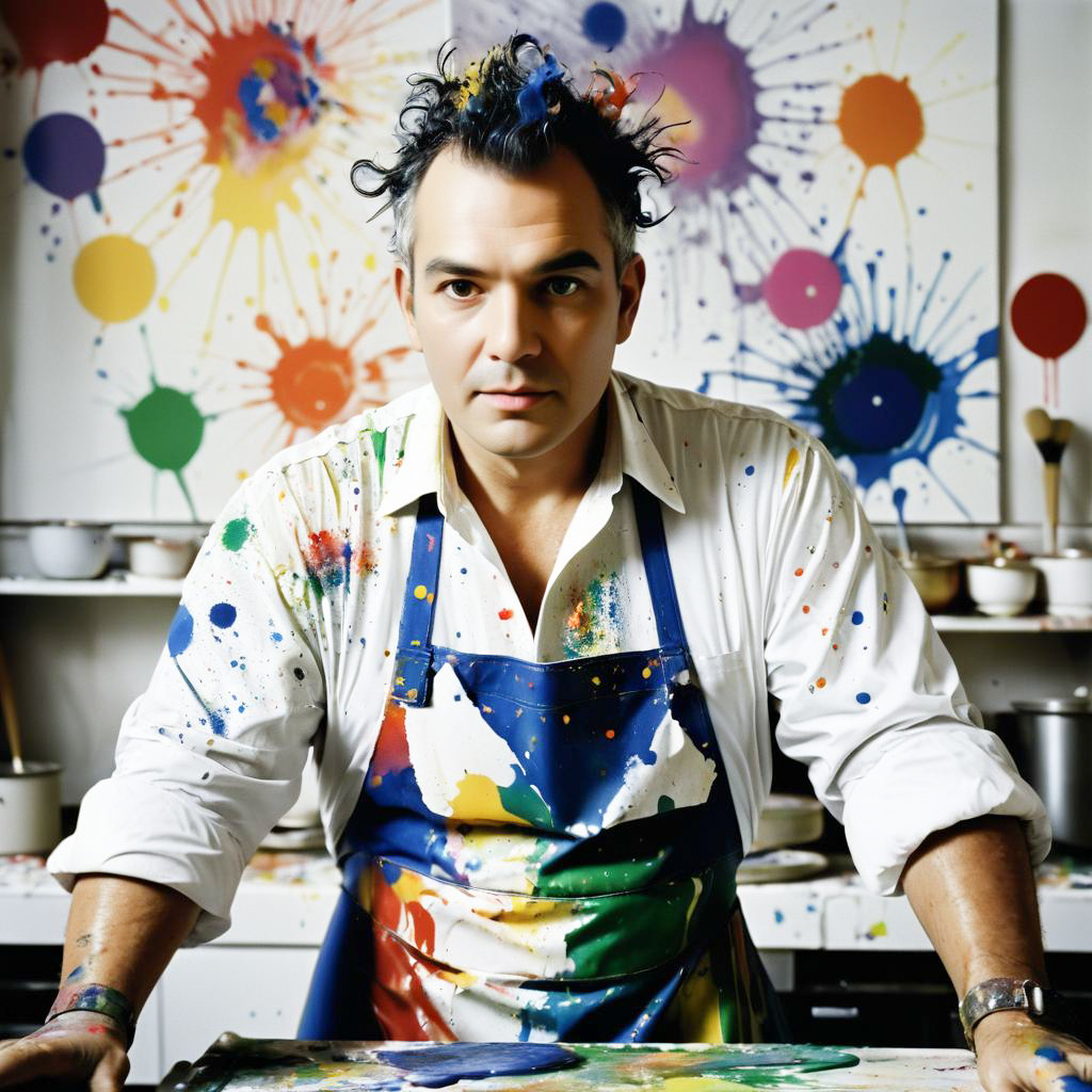 Male Artist in Colorful Apron Painting