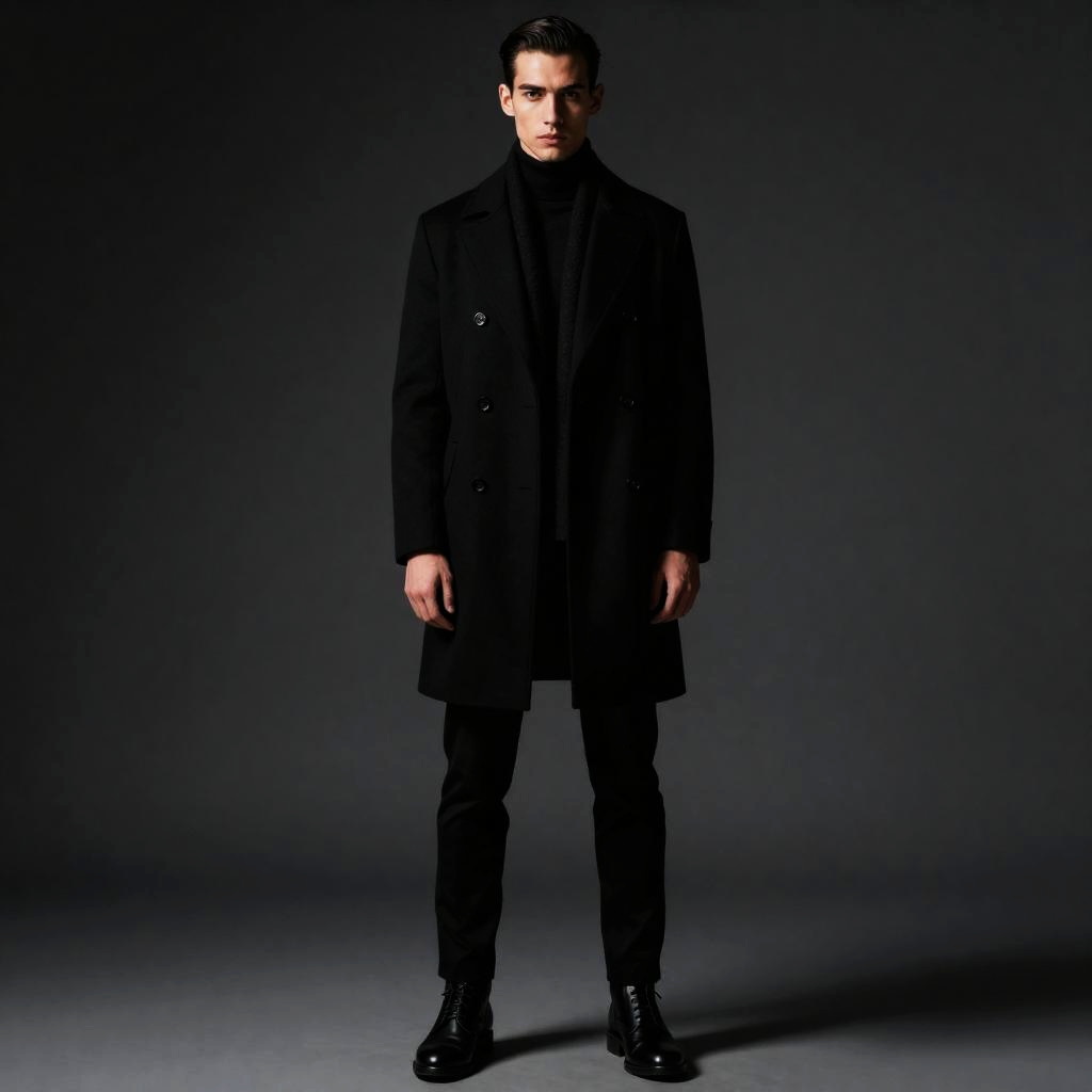 Stylish Young Man Wearing Black Double-Breasted Overcoat and Boots