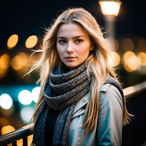 Blonde Woman in Scarf with City Lights Bokeh Background at Night