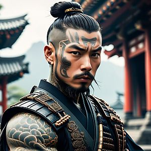 Fierce Man with Tattoos and Armor in East Asian Temple