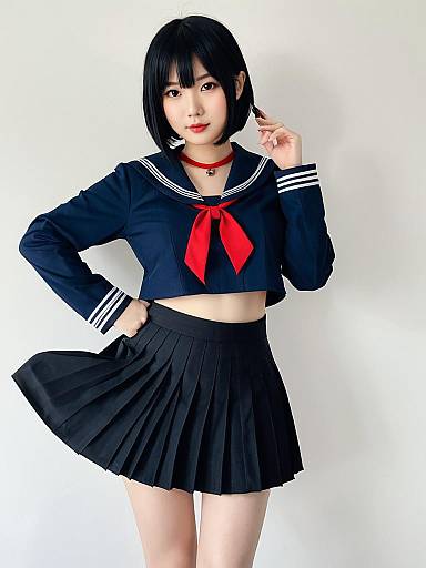 Young Woman in Modern Japanese School Uniform with Cropped Sailor Top and Pleated Skirt