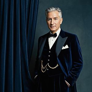Elegant Mature Man in Velvet Tuxedo with Bow Tie and Gold Chain