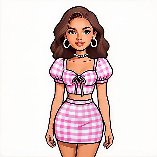 Retro-Inspired Woman Wearing Pink Gingham Crop Top and Skirt Digital Illustration
