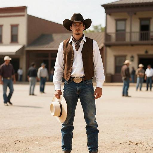 USA Cowboy in Hat and Vest Standing in Town Square