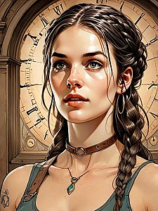 Realistic Digital Portrait of Woman with Braids and Steampunk Clock Background