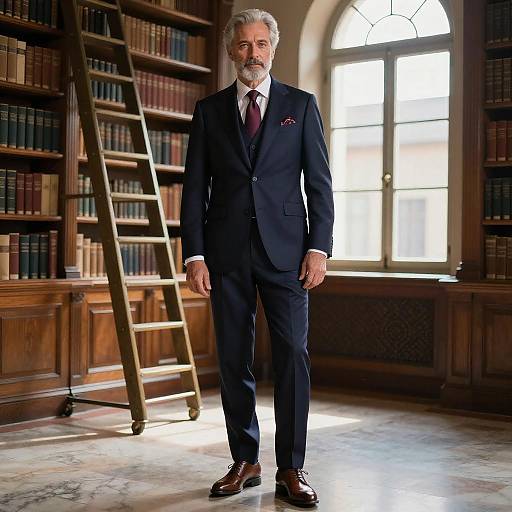 Elegant Senior Man in Navy Suit Standing in Classic Library
