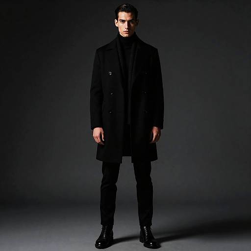 Stylish Young Man Wearing Black Double-Breasted Overcoat and Boots