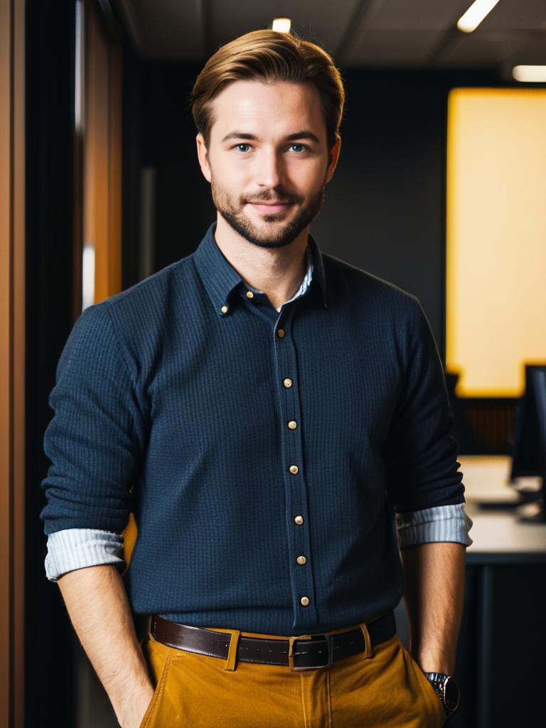 Man in Casual Office Outfit Candid Portrait at Workplace