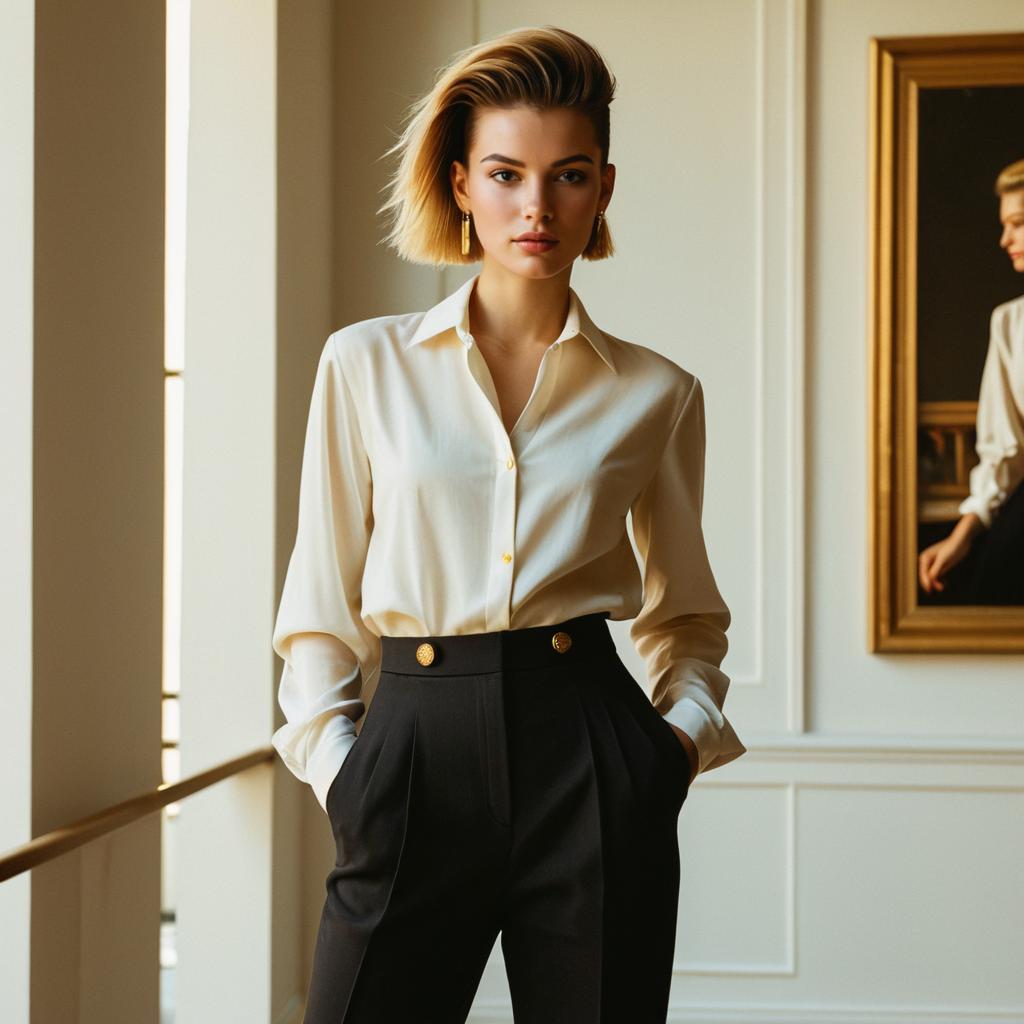 Elegant Woman in Cream Blouse and Black Trousers in Sophisticated Interior