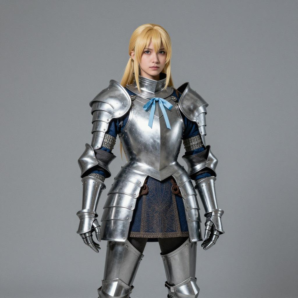 Woman in Full Medieval Style Armor with Blue Ribbon
