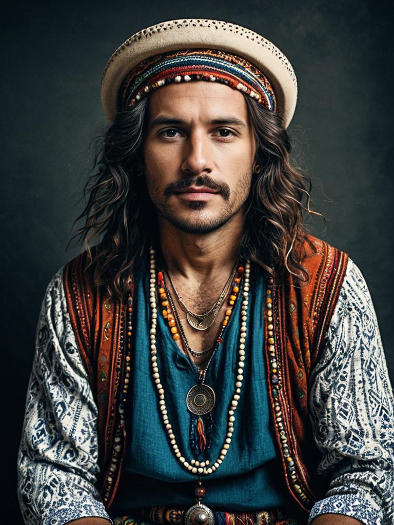 Man in Bohemian Style Outfit Photorealistic Studio Portrait