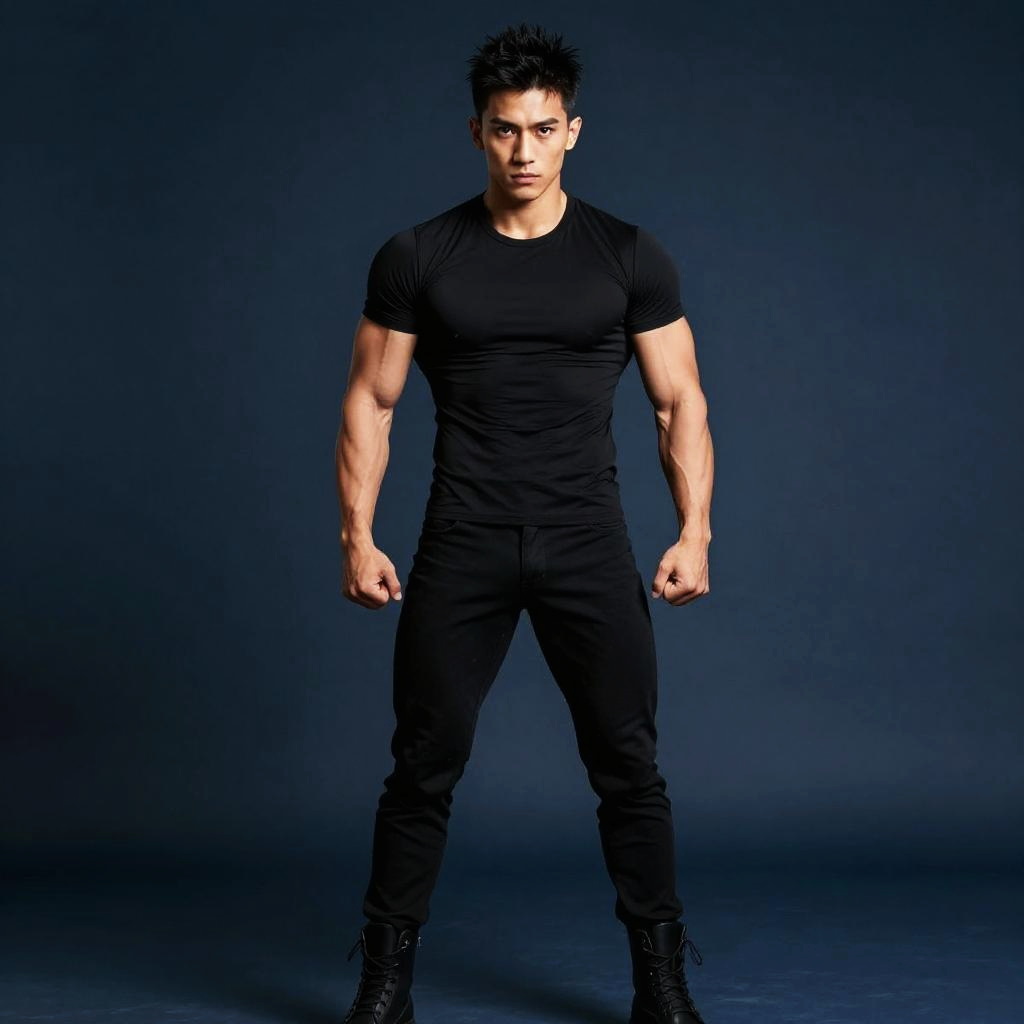 Muscular Young Man in Black Fitness Outfit Standing Confidently