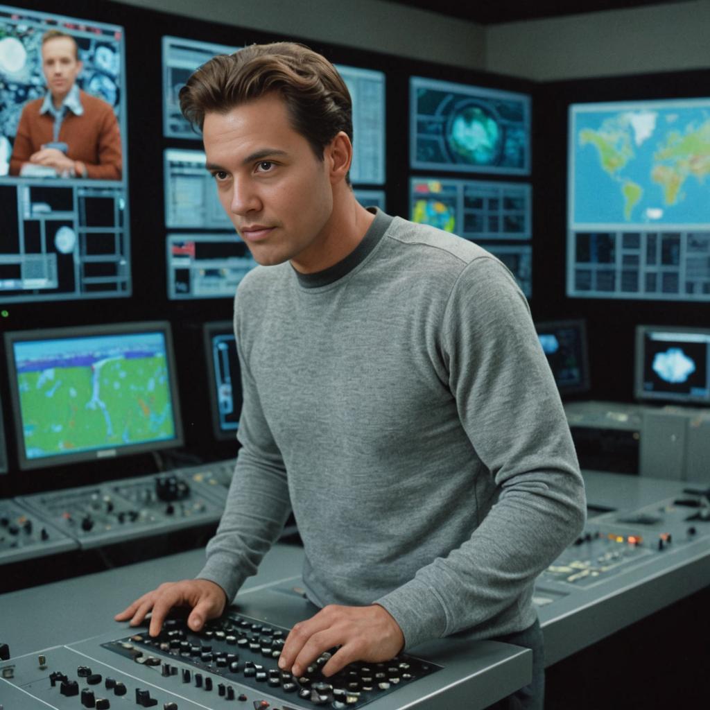 Calm Man at Control Panel with Data Screens