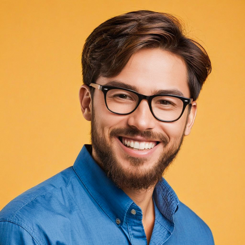 Cheerful young man with glasses on yellow background