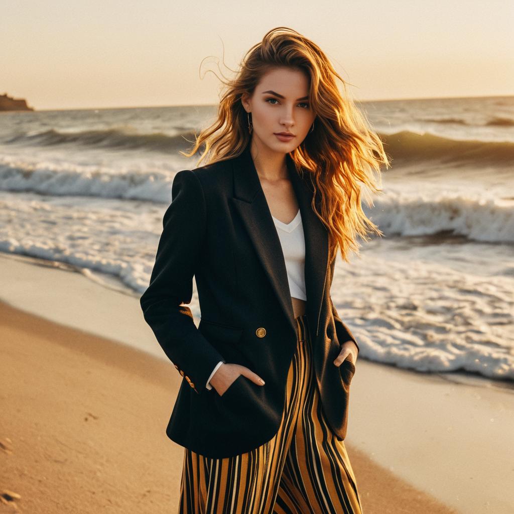 Young Woman in Black Blazer and Striped Pants on Beach at Sunset