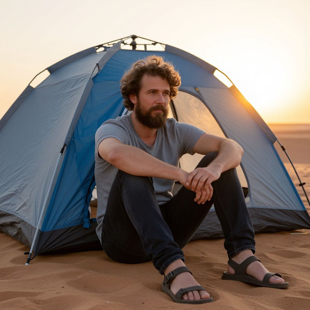 Man Sitting in Front of Tent Camping in Desert at Sunset